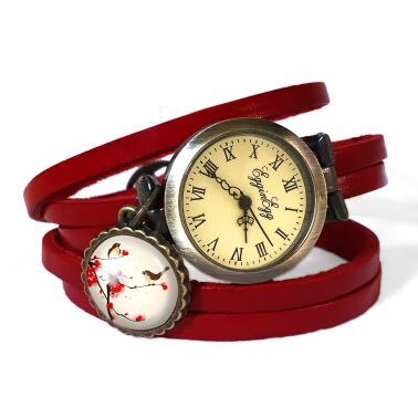 Bracelet montre en cuir oiseaux orientaux