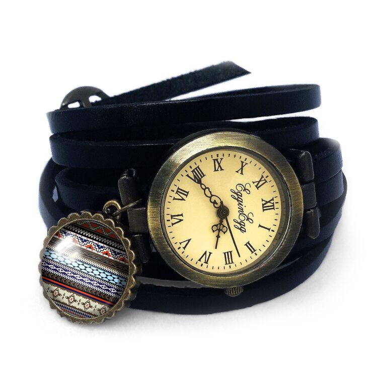 Bracelet montre en cuir motif aztèque